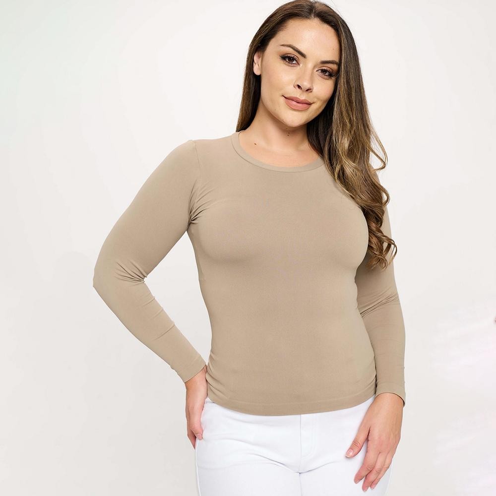 Women's Seamless Round Neck Long Sleeve Top •Crew Neckline •Seamless Construction •Fitted Design •Self Fabric Binding •92% Nylon, 8% Spandex view 2
