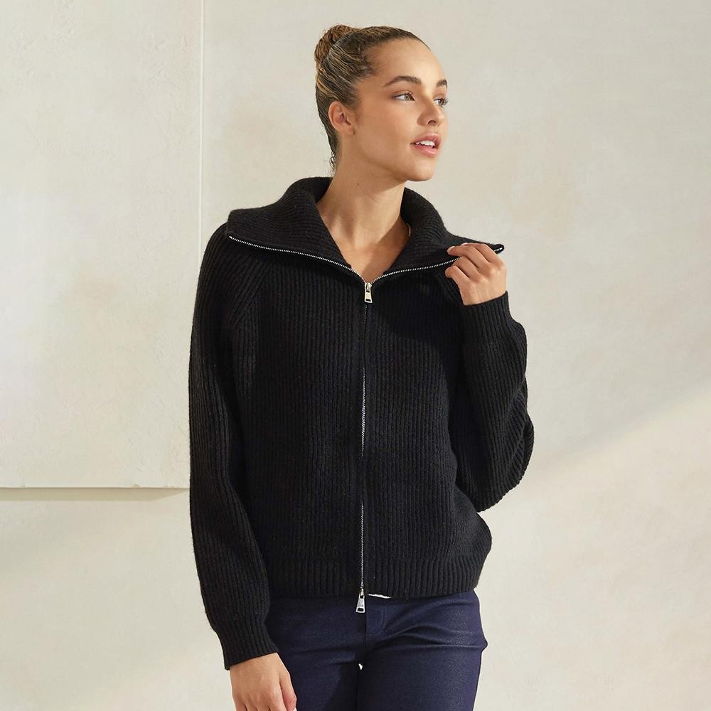 Women’s Luxe Funnel Neck Cardigan - Double Zip Rib Cardigan - Versatile - Funnel Neckline - Full length Sleeves - No itch Material view 2