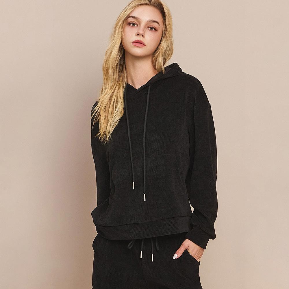 Women's Relaxed Ribbed Corduroy Hoodie - Stretch Knit Corduroy Fabric - Kangaroo Pocket - Patch Pocket - Adjustable Hood with Drawstring - Dropped Shoulder - Imported - 98% polyester 2% spandex view 2