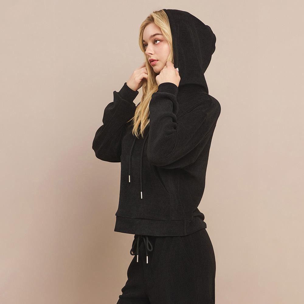 Women's Relaxed Ribbed Corduroy Hoodie - Stretch Knit Corduroy Fabric - Kangaroo Pocket - Patch Pocket - Adjustable Hood with Drawstring - Dropped Shoulder - Imported - 98% polyester 2% spandex view 4