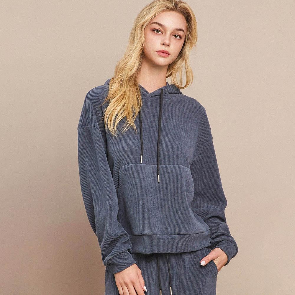Women's Relaxed Ribbed Corduroy Hoodie - Stretch Knit Corduroy Fabric - Kangaroo Pocket - Patch Pocket - Adjustable Hood with Drawstring - Dropped Shoulder - Imported - 98% polyester 2% spandex view 2