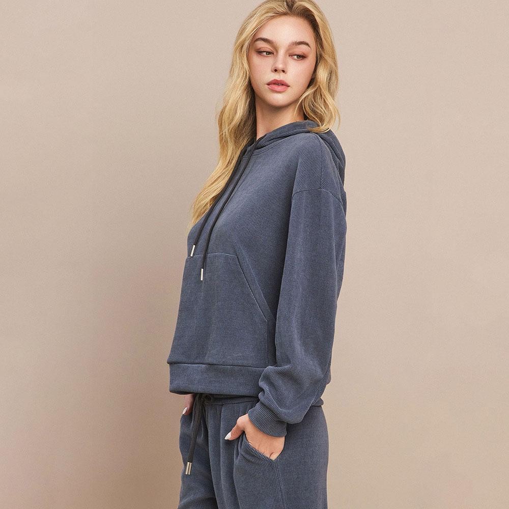 Women's Relaxed Ribbed Corduroy Hoodie - Stretch Knit Corduroy Fabric - Kangaroo Pocket - Patch Pocket - Adjustable Hood with Drawstring - Dropped Shoulder - Imported - 98% polyester 2% spandex view 4