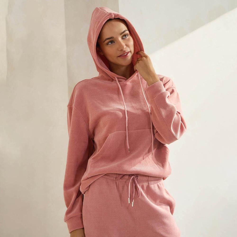 Women's Relaxed Ribbed Corduroy Hoodie - Stretch Knit Corduroy Fabric - Kangaroo Pocket - Patch Pocket - Adjustable Hood with Drawstring - Dropped Shoulder - Imported - 98% polyester 2% spandex view 6