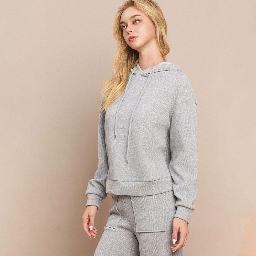Women's Relaxed Ribbed Corduroy Hoodie - Stretch Knit Corduroy Fabric - Kangaroo Pocket - Patch Pocket - Adjustable Hood with Drawstring - Dropped Shoulder - Imported - 98% polyester 2% spandex view 4