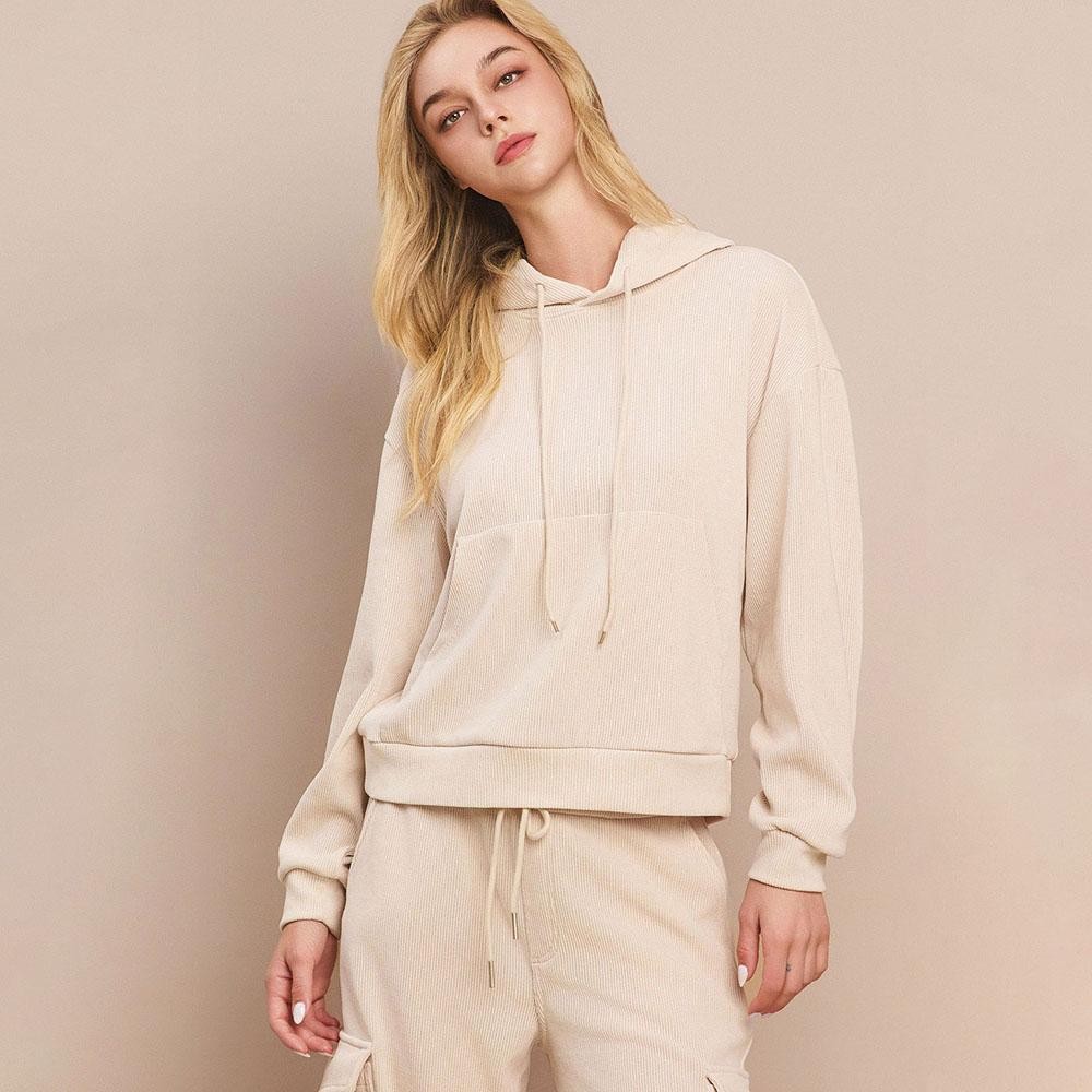 Women's Relaxed Ribbed Corduroy Hoodie - Stretch Knit Corduroy Fabric - Kangaroo Pocket - Patch Pocket - Adjustable Hood with Drawstring - Dropped Shoulder - Imported - 98% polyester 2% spandex view 2