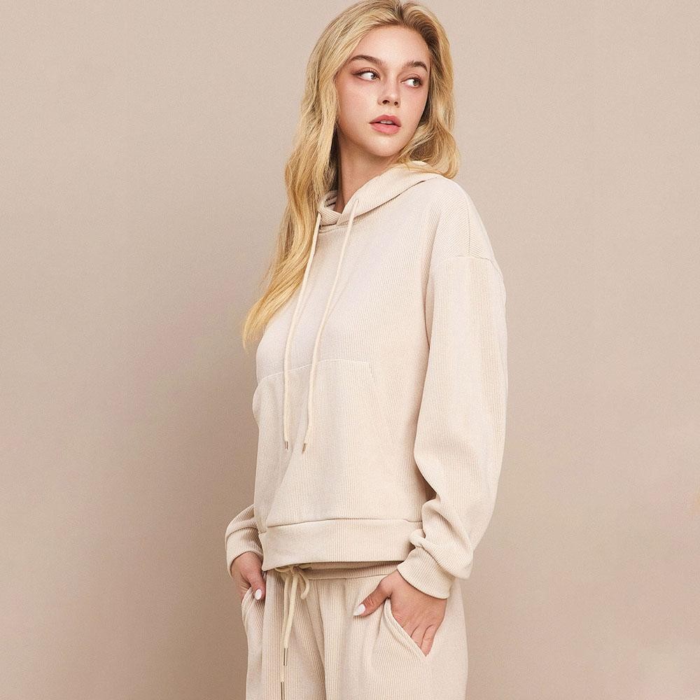Women's Relaxed Ribbed Corduroy Hoodie - Stretch Knit Corduroy Fabric - Kangaroo Pocket - Patch Pocket - Adjustable Hood with Drawstring - Dropped Shoulder - Imported - 98% polyester 2% spandex view 4