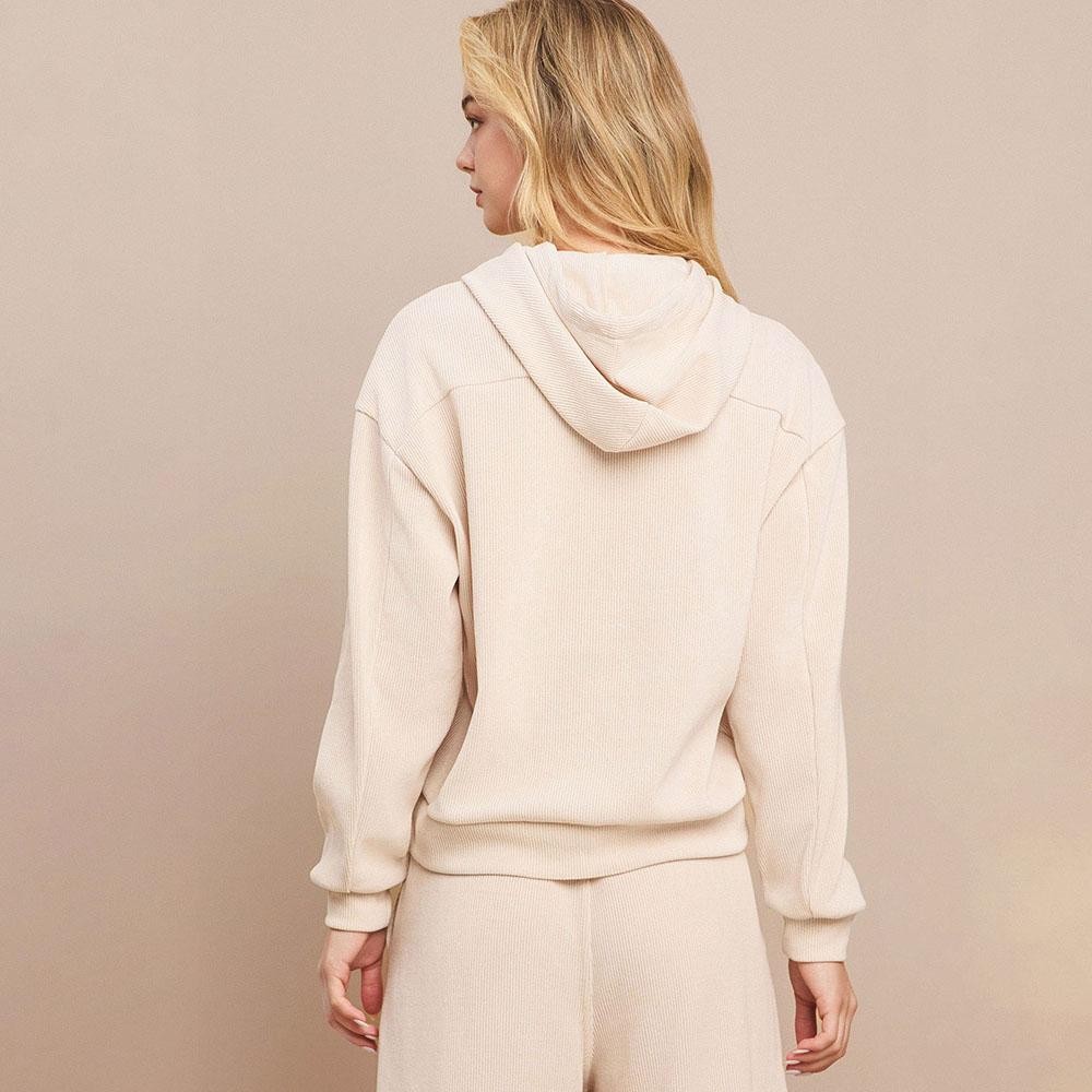 Women's Relaxed Ribbed Corduroy Hoodie - Stretch Knit Corduroy Fabric - Kangaroo Pocket - Patch Pocket - Adjustable Hood with Drawstring - Dropped Shoulder - Imported - 98% polyester 2% spandex view 6