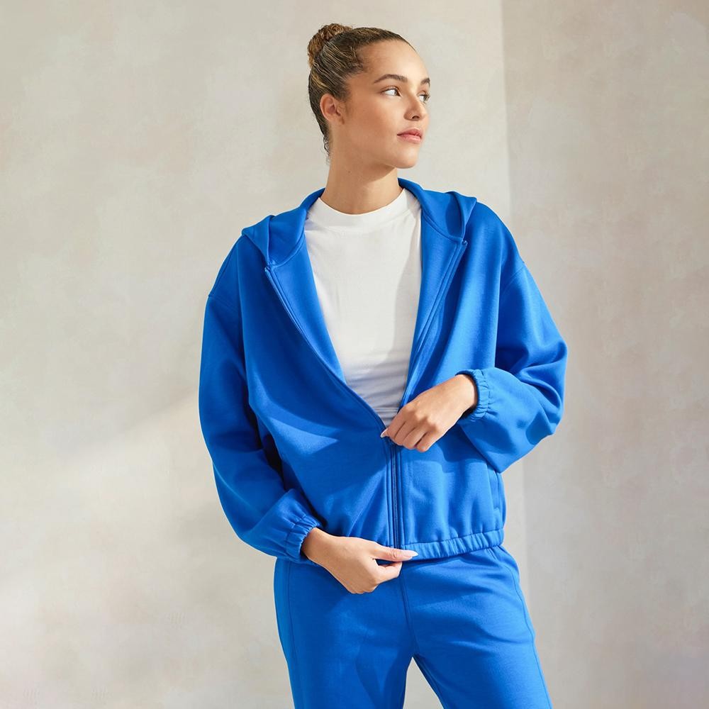 Women's UltraComfy Zip-up Jacket with Hoodie - Dropped Shoulder - Zip Front Closure - Elastic Hem and Cuffs - Lip Pockets - Matching Color Zipper - Dropped Shoulder -Relaxed Silhouette - 45% Rayon, 47% Polyester, 8% Spandex view 2