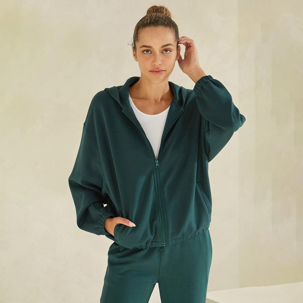 Women's UltraComfy Zip-up Jacket with Hoodie - Dropped Shoulder - Zip Front Closure - Elastic Hem and Cuffs - Lip Pockets - Matching Color Zipper - Dropped Shoulder -Relaxed Silhouette - 45% Rayon, 47% Polyester, 8% Spandex view 2