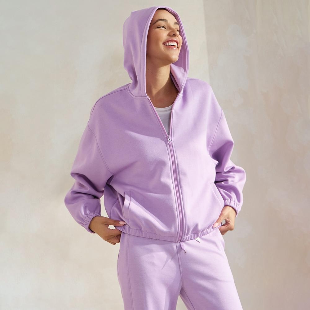 Women's UltraComfy Zip-up Jacket with Hoodie - Dropped Shoulder - Zip Front Closure - Elastic Hem and Cuffs - Lip Pockets - Matching Color Zipper - Dropped Shoulder -Relaxed Silhouette - 45% Rayon, 47% Polyester, 8% Spandex view 2