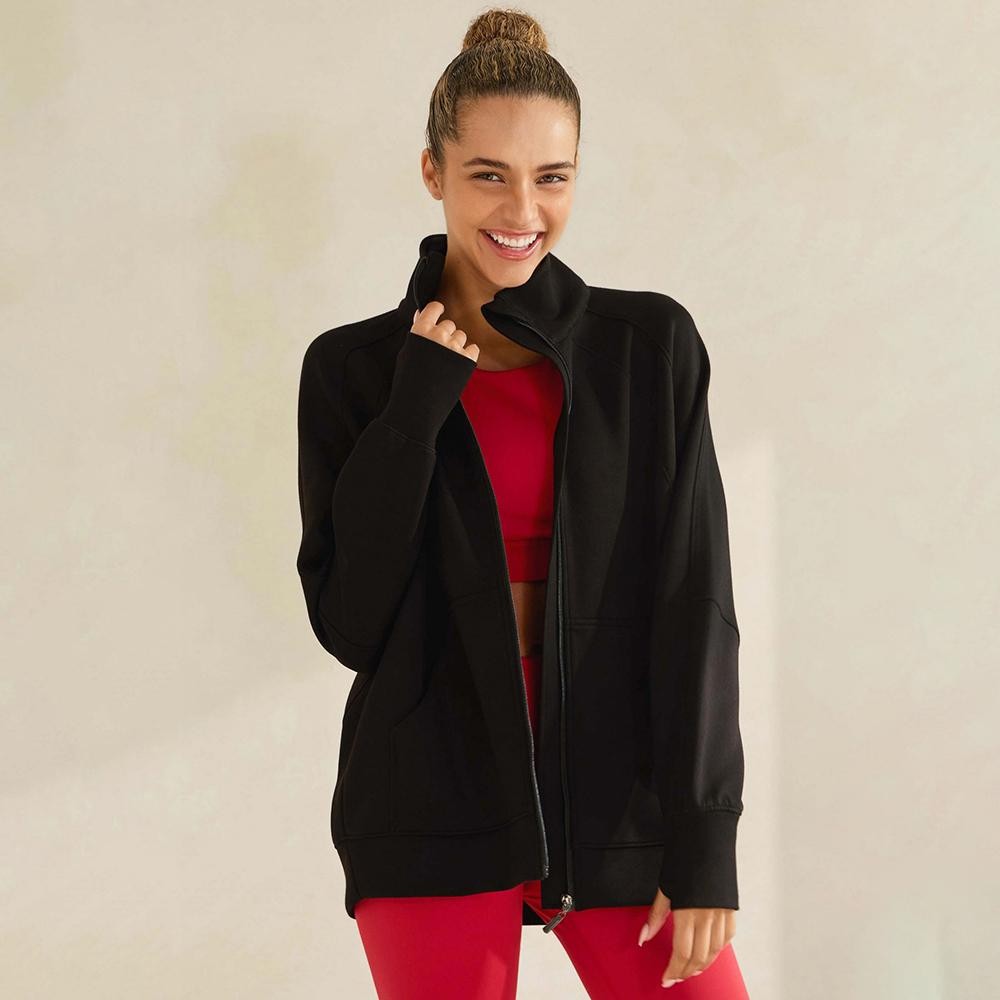 Women's Ultra Soft Funnel Neck Full Zip Jacket -Funnel Neck -Raglan Sleeve -Patch Pockets -Relaxed Silhouette -Front Full Zipper Closure -Comfort Outerwear -Elbow Seam - 45% Rayon 47% Polyester 8% Spandex view 2