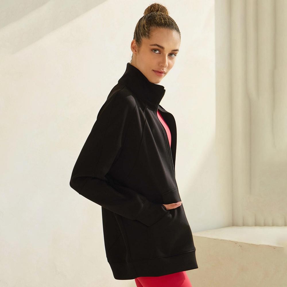 Women's Ultra Soft Funnel Neck Full Zip Jacket -Funnel Neck -Raglan Sleeve -Patch Pockets -Relaxed Silhouette -Front Full Zipper Closure -Comfort Outerwear -Elbow Seam - 45% Rayon 47% Polyester 8% Spandex view 4