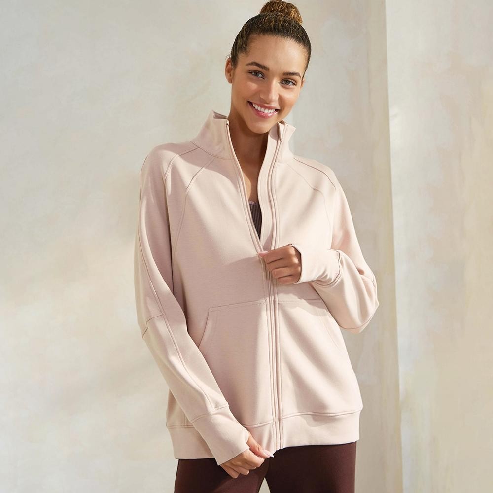 Women's Ultra Soft Funnel Neck Full Zip Jacket -Funnel Neck -Raglan Sleeve -Patch Pockets -Relaxed Silhouette -Front Full Zipper Closure -Comfort Outerwear -Elbow Seam - 45% Rayon 47% Polyester 8% Spandex view 2