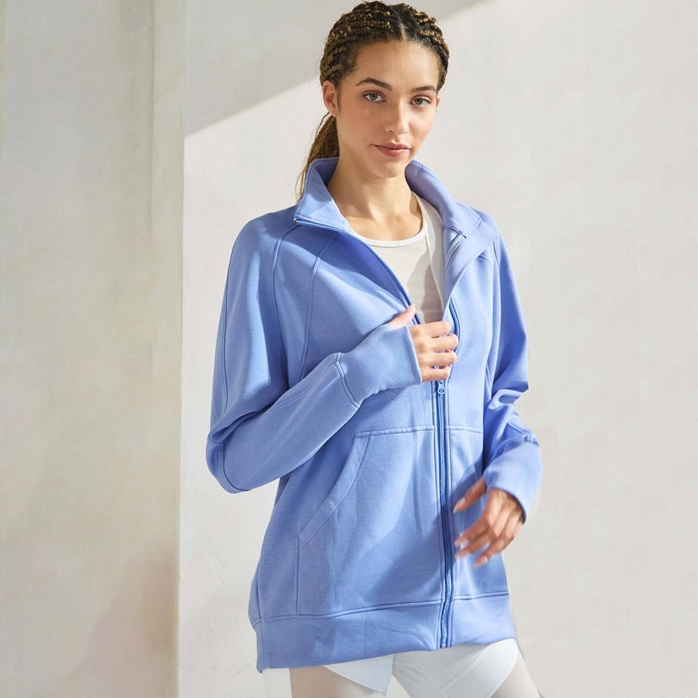 Women's Ultra Soft Funnel Neck Full Zip Jacket -Funnel Neck -Raglan Sleeve -Patch Pockets -Relaxed Silhouette -Front Full Zipper Closure -Comfort Outerwear -Elbow Seam - 45% Rayon 47% Polyester 8% Spandex view 2