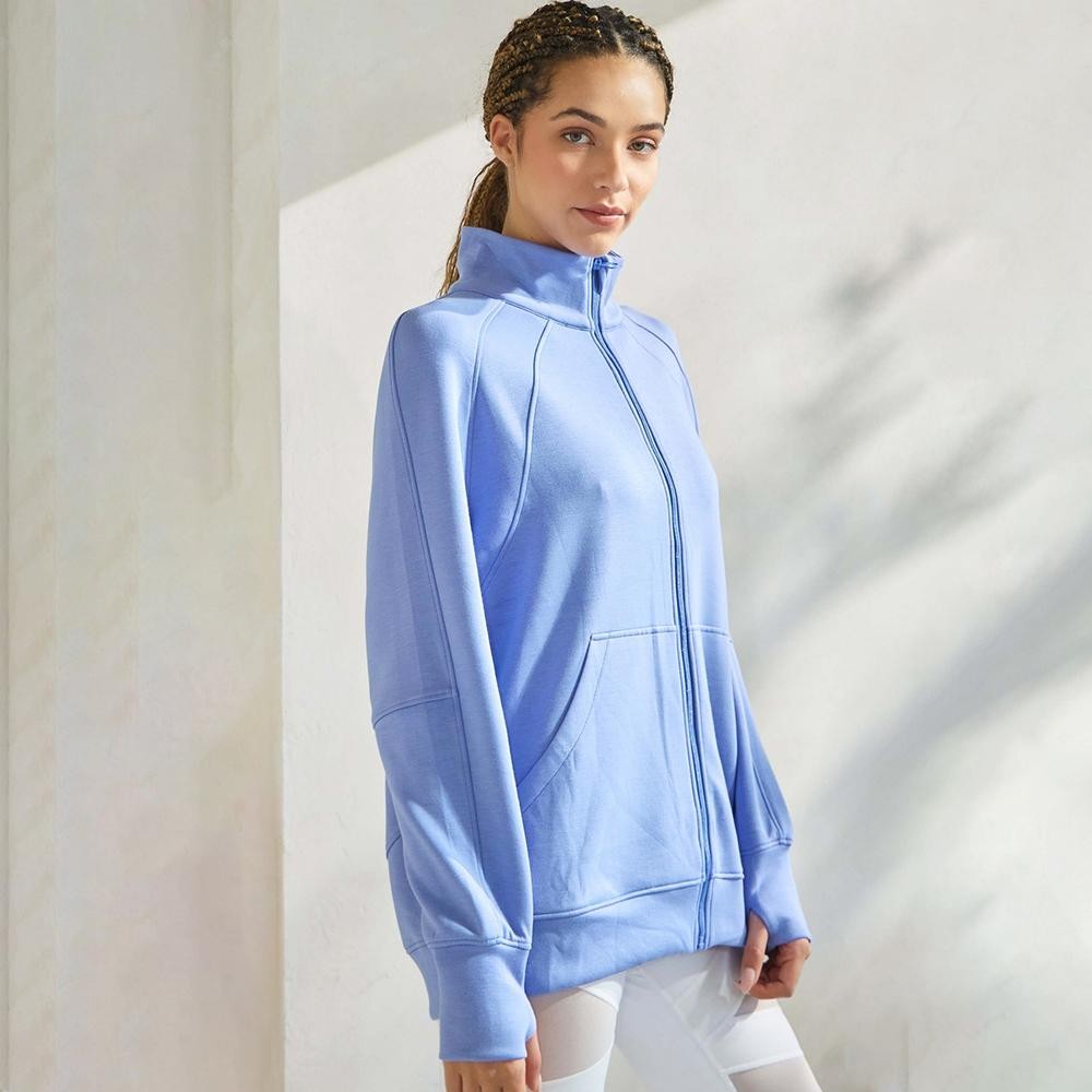 Women's Ultra Soft Funnel Neck Full Zip Jacket -Funnel Neck -Raglan Sleeve -Patch Pockets -Relaxed Silhouette -Front Full Zipper Closure -Comfort Outerwear -Elbow Seam - 45% Rayon 47% Polyester 8% Spandex view 4