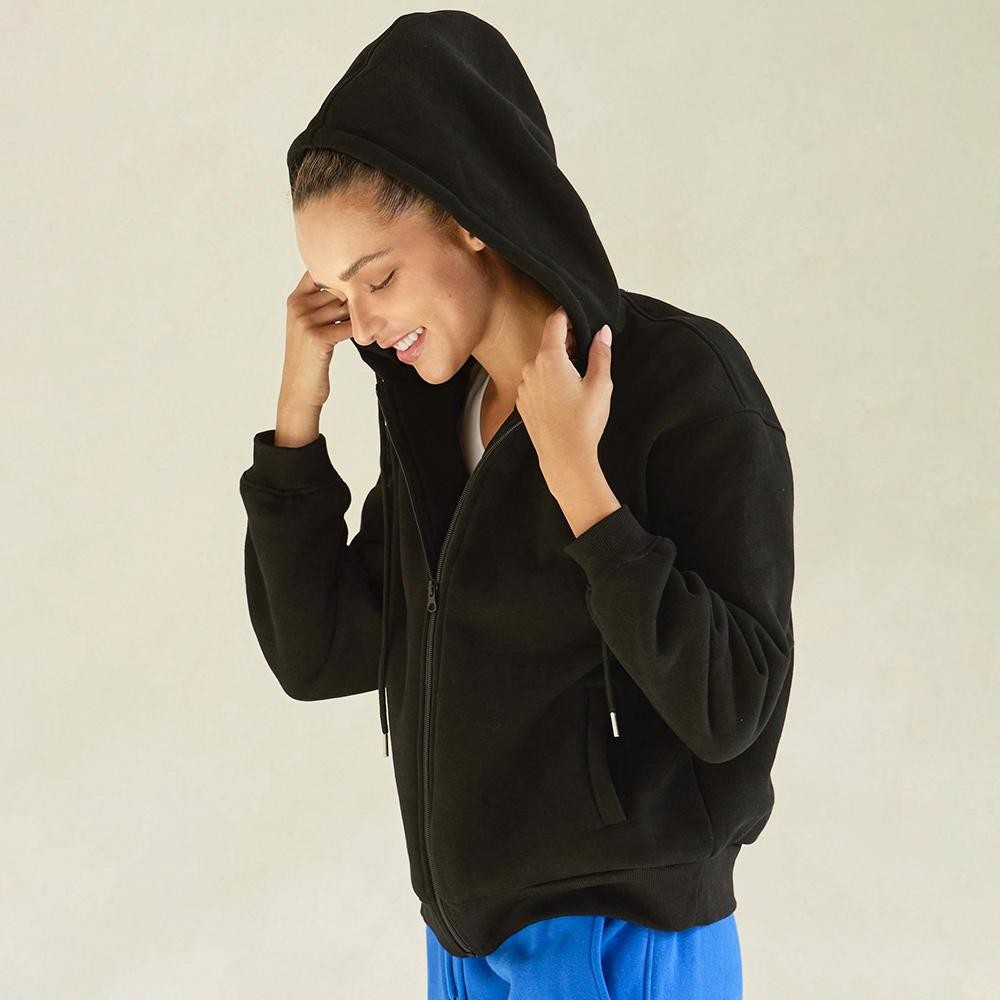 Women's Cozy Fleece Front Zip Hoodie - Dropped Shoulder - Zip Front Closure - Elastic Hem and Cuffs - Lip Pockets - Matching Color Zipper - Relaxed Silhouette - Soft and Comfy - 97% Cotton, 3% Spandex view 4