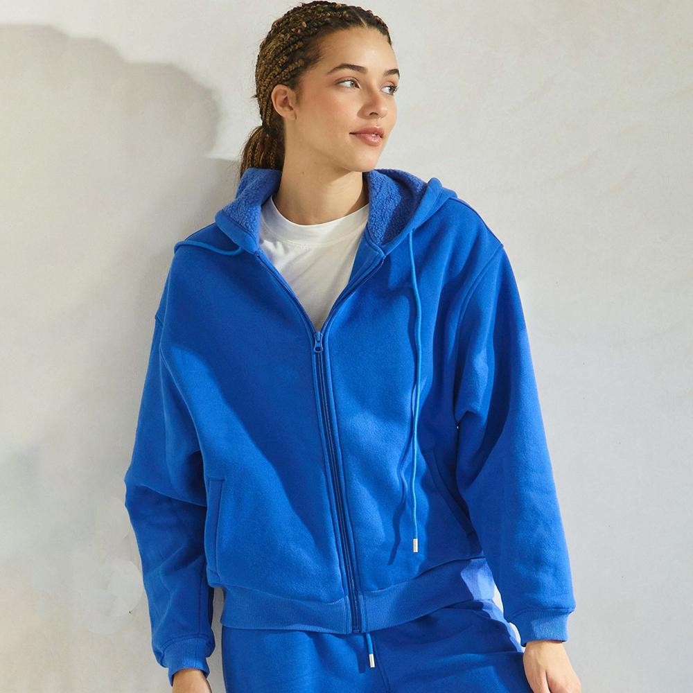 Women's Cozy Fleece Front Zip Hoodie - Dropped Shoulder - Zip Front Closure - Elastic Hem and Cuffs - Lip Pockets - Matching Color Zipper - Relaxed Silhouette - Soft and Comfy - 97% Cotton, 3% Spandex view 2