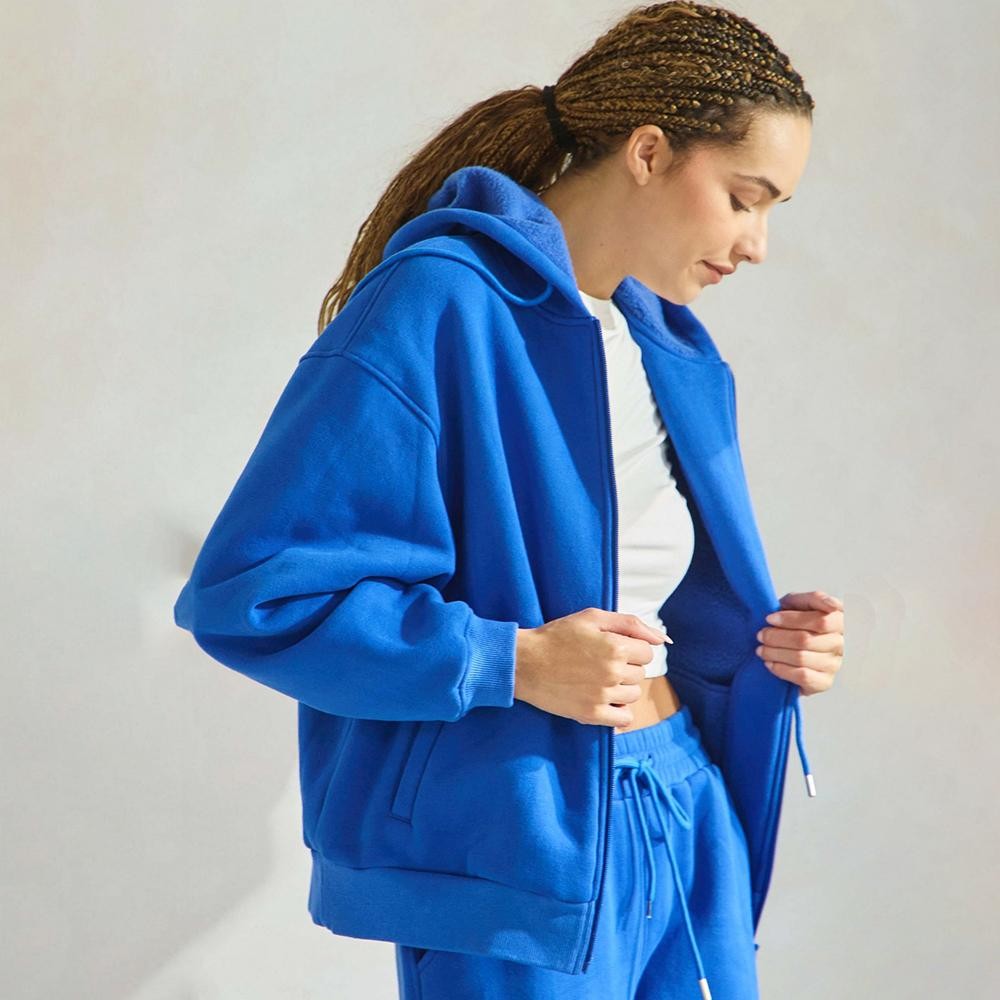 Women's Cozy Fleece Front Zip Hoodie - Dropped Shoulder - Zip Front Closure - Elastic Hem and Cuffs - Lip Pockets - Matching Color Zipper - Relaxed Silhouette - Soft and Comfy - 97% Cotton, 3% Spandex view 4