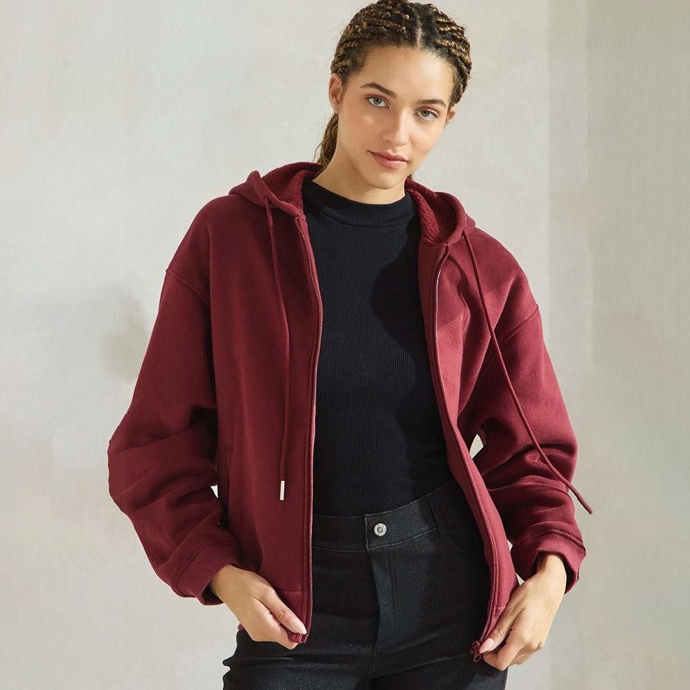 Women's Cozy Fleece Front Zip Hoodie - Dropped Shoulder - Zip Front Closure - Elastic Hem and Cuffs - Lip Pockets - Matching Color Zipper - Relaxed Silhouette - Soft and Comfy - 97% Cotton, 3% Spandex view 2