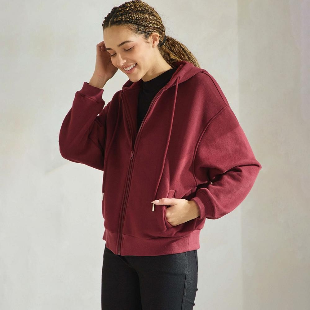 Women's Cozy Fleece Front Zip Hoodie - Dropped Shoulder - Zip Front Closure - Elastic Hem and Cuffs - Lip Pockets - Matching Color Zipper - Relaxed Silhouette - Soft and Comfy - 97% Cotton, 3% Spandex view 4