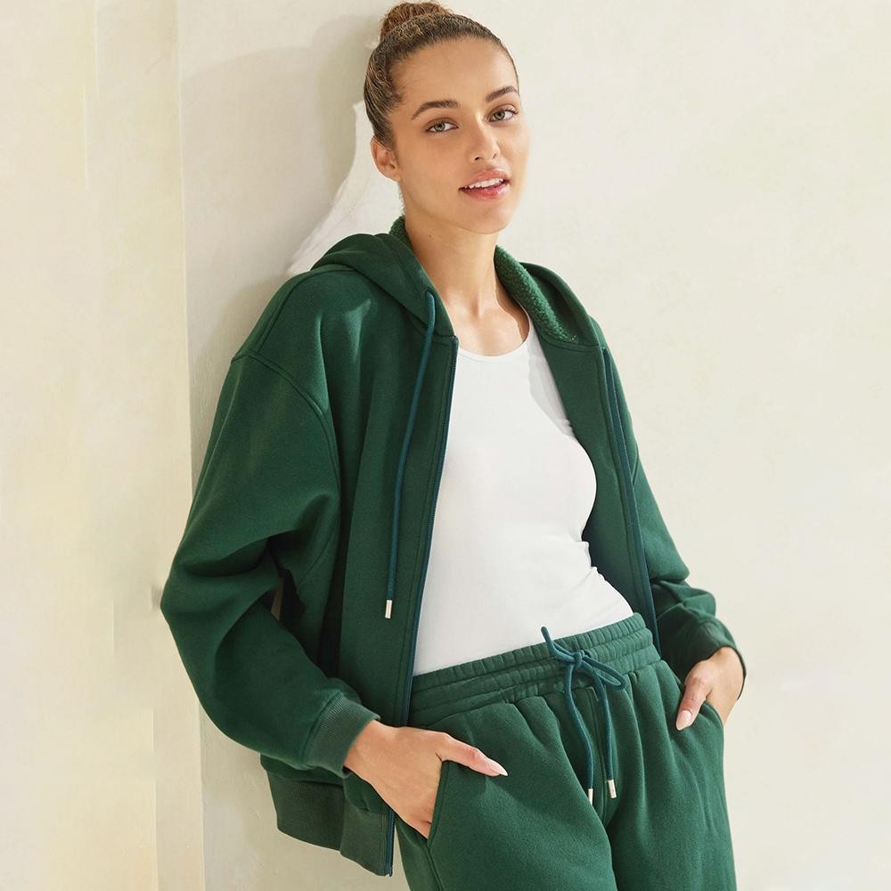 Women's Cozy Fleece Front Zip Hoodie - Dropped Shoulder - Zip Front Closure - Elastic Hem and Cuffs - Lip Pockets - Matching Color Zipper - Relaxed Silhouette - Soft and Comfy - 97% Cotton, 3% Spandex view 2