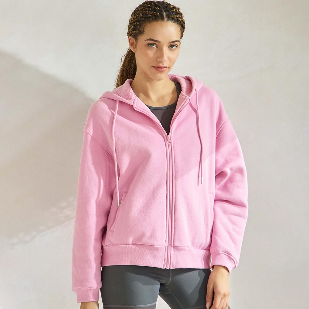 Women's Cozy Fleece Front Zip Hoodie - Dropped Shoulder - Zip Front Closure - Elastic Hem and Cuffs - Lip Pockets - Matching Color Zipper - Relaxed Silhouette - Soft and Comfy - 97% Cotton, 3% Spandex view 2