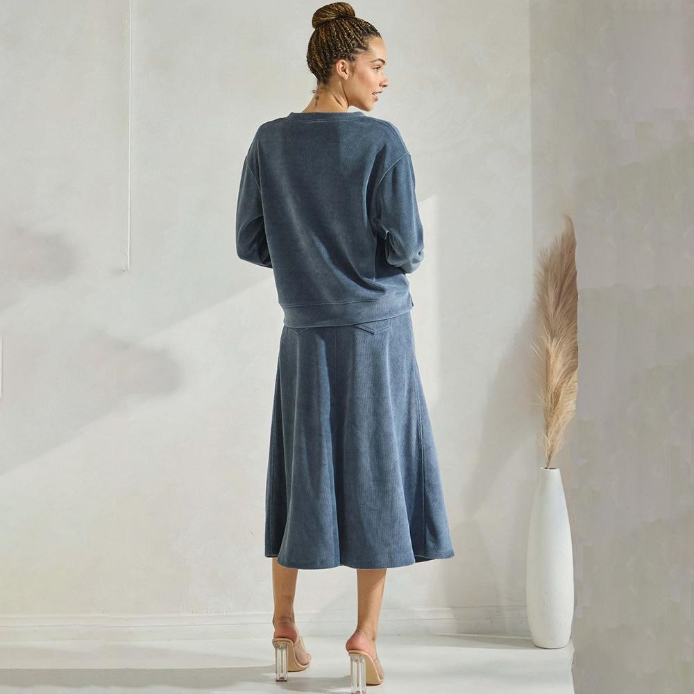 Women's Corduroy Flared Long Skirt - Relaxed-fit - Corduroy fabric - Ribbed - Flared - Smooth - Imported - 98% polyester 2% spandex view 6