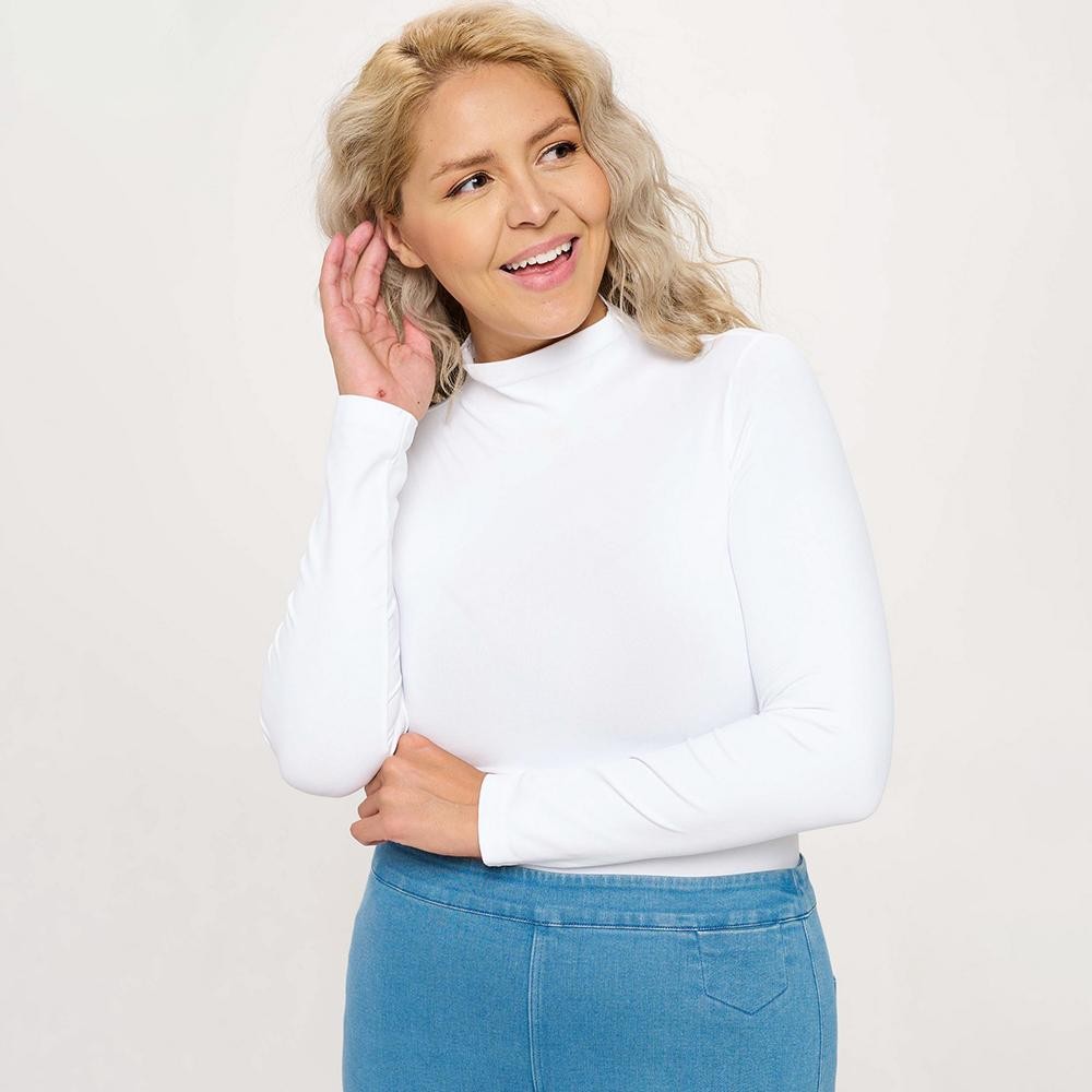 Women’s Bare Essential Seamless Mock Neck Long Sleeve Top • Mock neck • Seamless design • Long sleeves • Smooth • Soft and stretchy fabric • Durable • Imported •92% Nylon, 8% Spandex view 4