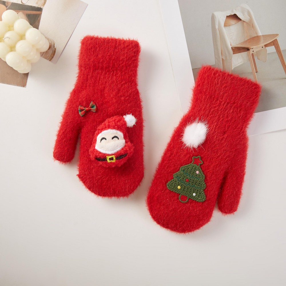 Fuzzy Christmas Mittens Featuring Embroidered Christmas Tree & Santa - One Size Fits Most - 100% Polyester view 2
