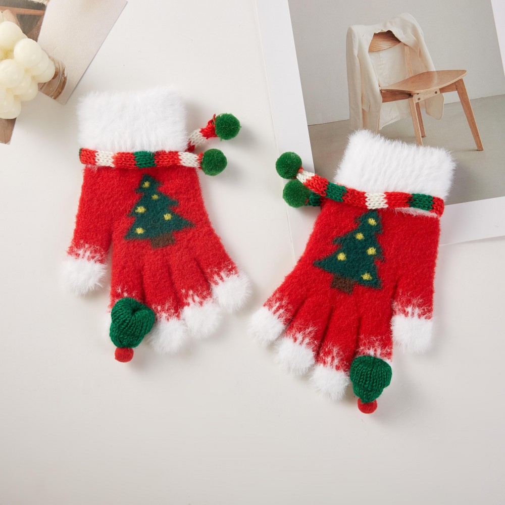 Fuzzy Christmas Gloves With Faux Fur & Pom Details -One Size Fits Most - 100% Polyester view 2
