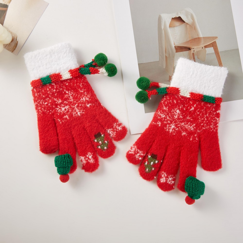 Fuzzy Christmas Gloves Featuring Pom Details - One Size Fits Most - 100% Polyester view 2