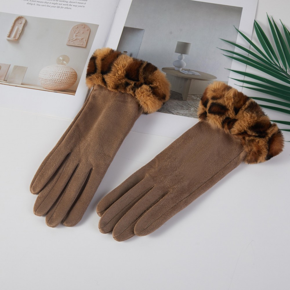 Faux Fur & Suede Gloves - One Size Fits Most - 100% Polyester view 2