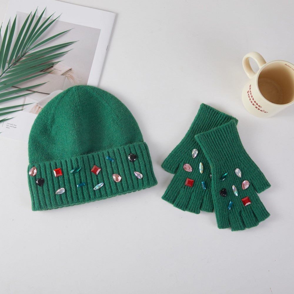 Beanie & Convertible Flip Mitten Set Featuring Rhinestones - One Size Fits Most - 100% Acrylic view 2