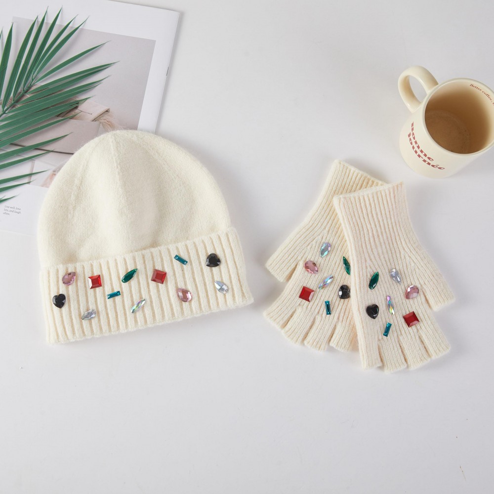 Beanie & Convertible Flip Mitten Set Featuring Rhinestones - One Size Fits Most - 100% Acrylic view 2