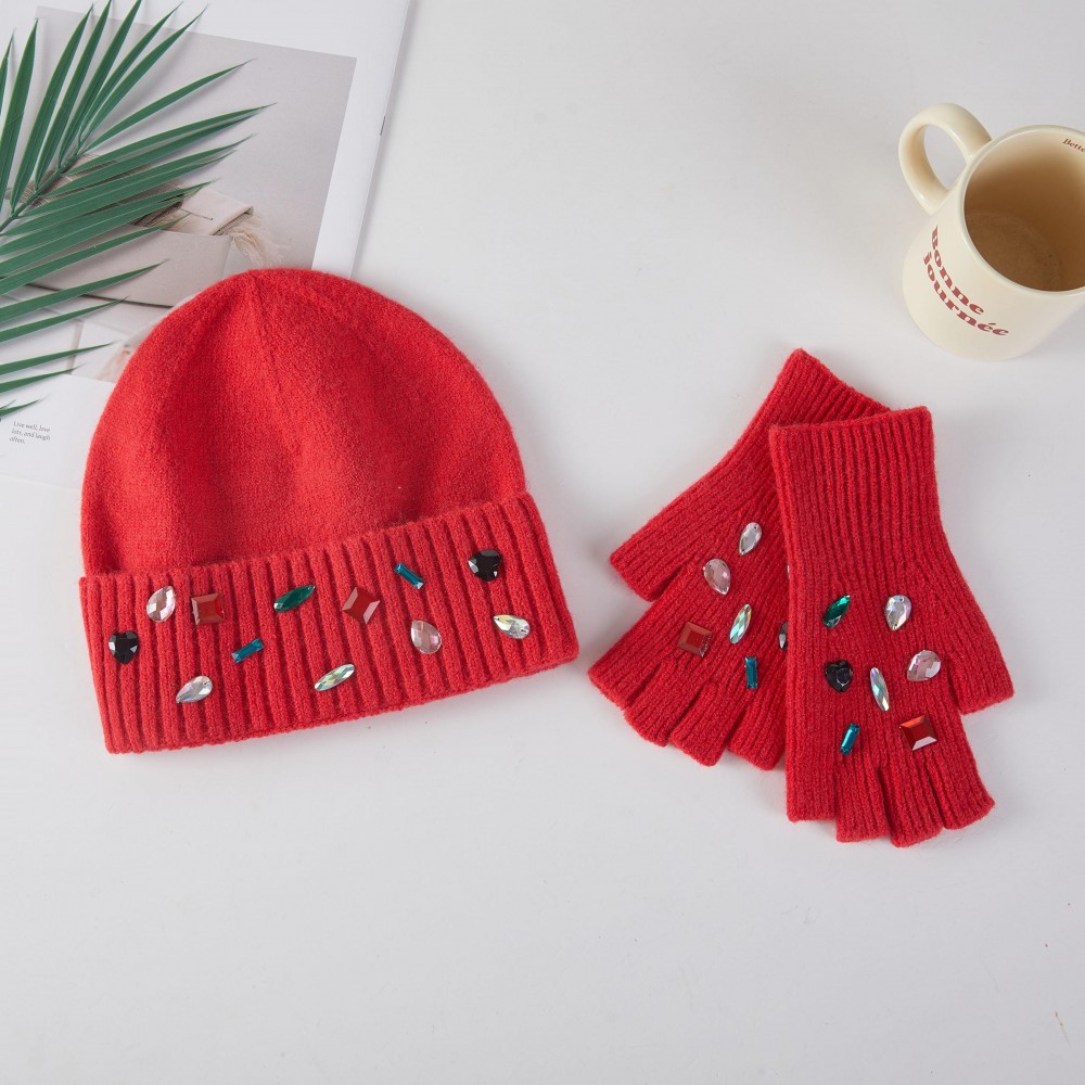 Beanie & Convertible Flip Mitten Set Featuring Rhinestones - One Size Fits Most - 100% Acrylic view 2