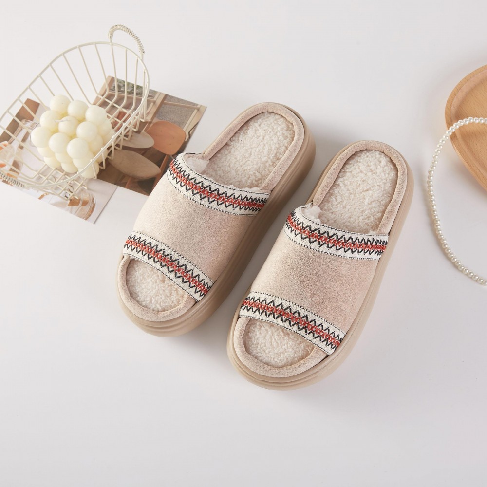 Faux Fur & Suede Slides Slippers With Cross Stitch Detail (6-Pack) - Rubber Sole - 100% Polyester Pack Breakdown: S:2,M:3,L:1 view 2