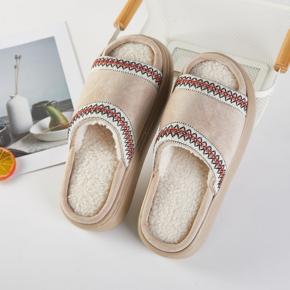 Faux Fur & Suede Slides Slippers With Cross Stitch Detail (6-Pack) - Rubber Sole - 100% Polyester Pack Breakdown: S:2,M:3,L:1 view 6
