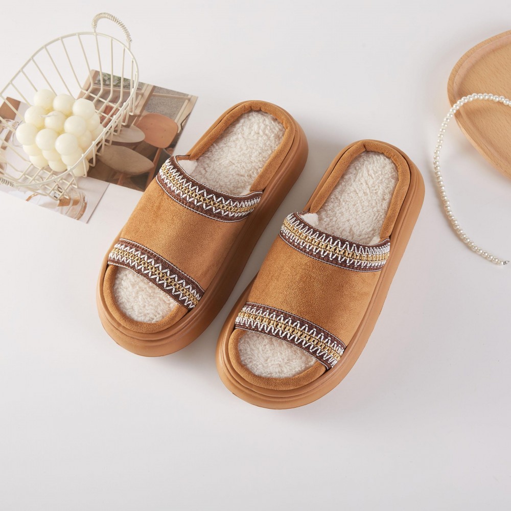 Faux Fur & Suede Slides Slippers With Cross Stitch Detail (6-Pack) - Rubber Sole - 100% Polyester view 2