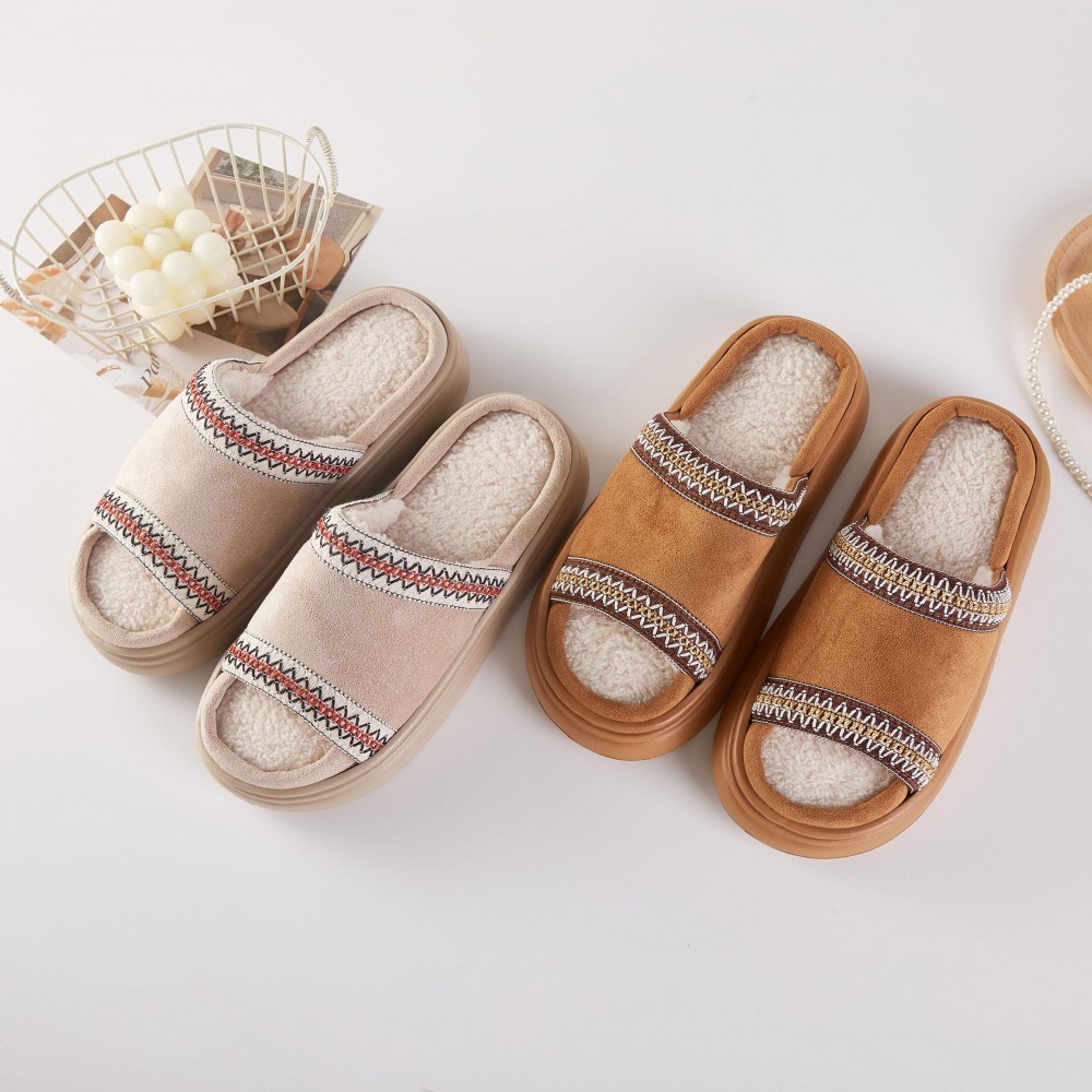 Faux Fur & Suede Slides Slippers With Cross Stitch Detail (6-Pack) - Rubber Sole - 100% Polyester view 4