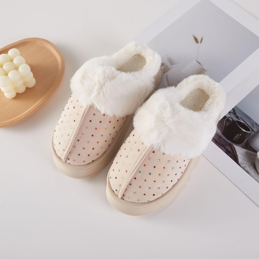 Faux Fur & Suede Slippers With Rhinestone Details (6-Pack) - Rubber Platform Sole - 100% Polyester view 2