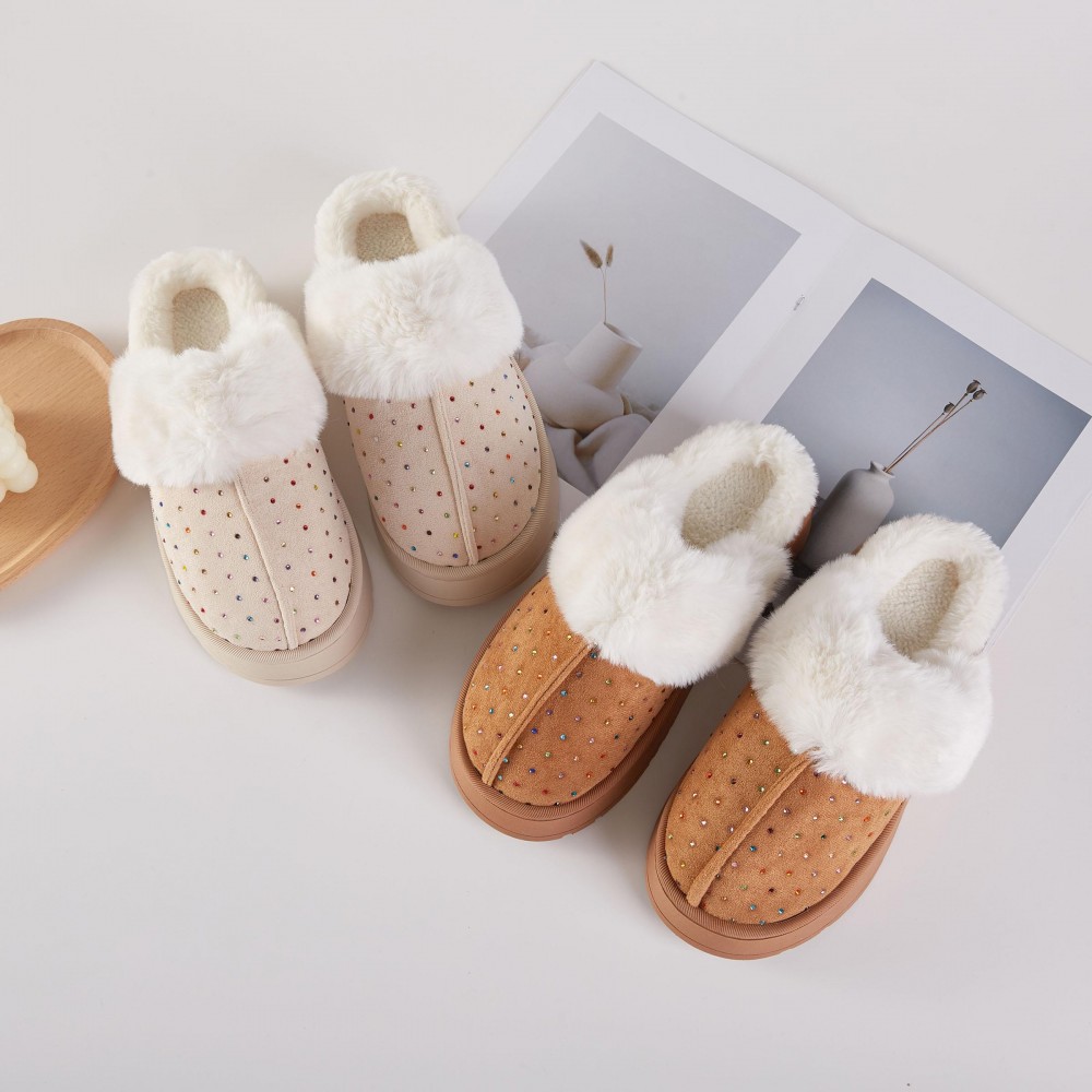 Faux Fur & Suede Slippers With Rhinestone Details (6-Pack) - Rubber Platform Sole - 100% Polyester view 4
