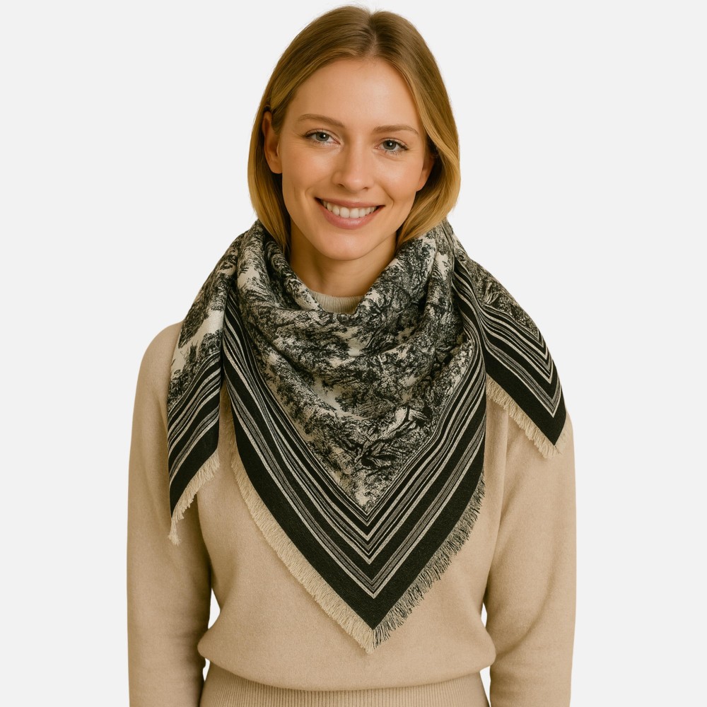 Soft Flower Print Scarf With Fridge Edge - One Size - Approximately L 51 x W 49 - 100% Acrylic view 2