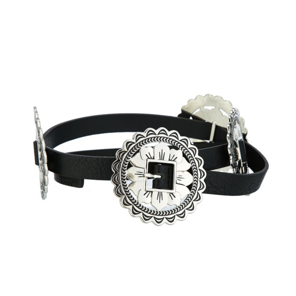Skinny Vegan Leather Belt With Metal Tone Engraved Flower Conchos - Approximately 45" L view 2