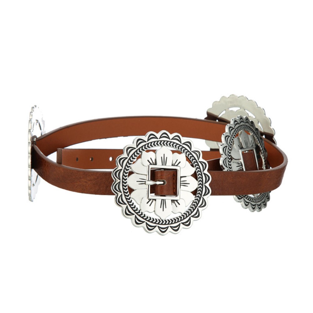 Skinny Vegan Leather Belt With Metal Tone Engraved Flower Conchos - Approximately 45" L view 2