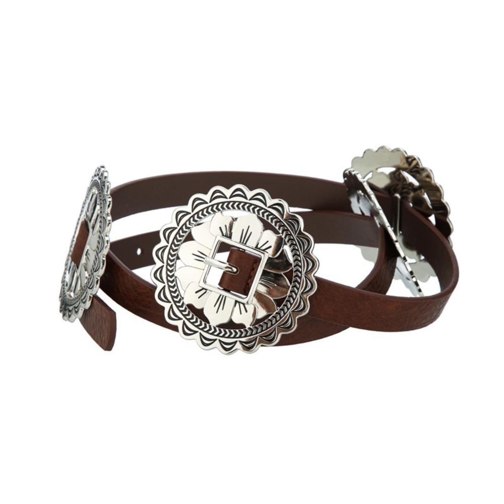 Skinny Vegan Leather Belt With Metal Tone Engraved Flower Conchos - Approximately 45" L view 2