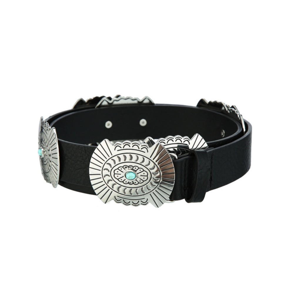 Vegan Leather Belt With Large Metal Tone Conchos With Engraved Designs & Turquoise Accents - Approximately 45" L view 2
