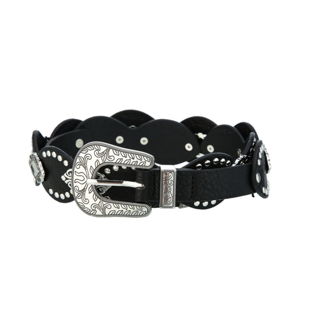 Vegan Leather Belt With Scalloped Edges, Metal Tone Studs, & Engraved Metal Buckle - Approximately 43" L view 2