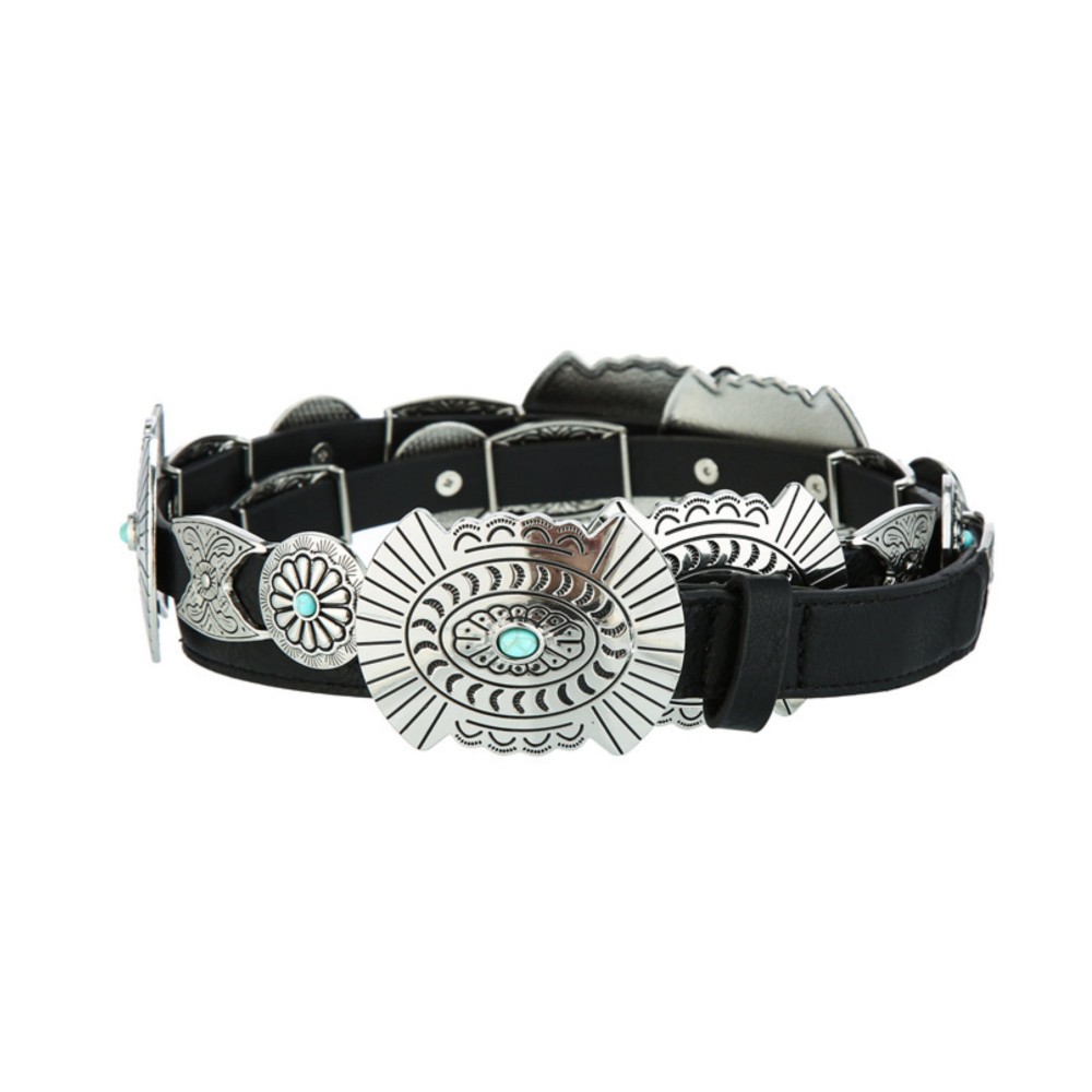 Vegan Leather Belt With Large Metal Tone Conchos With Engraved Designs & Turquoise Accents - Approximately 45" L view 2
