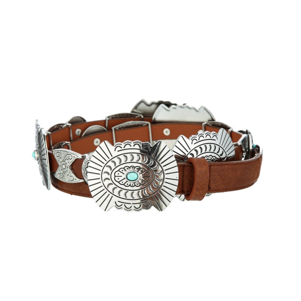 Vegan Leather Belt With Large Metal Tone Conchos With Engraved Designs & Turquoise Accents - Approximately 45" L view 2