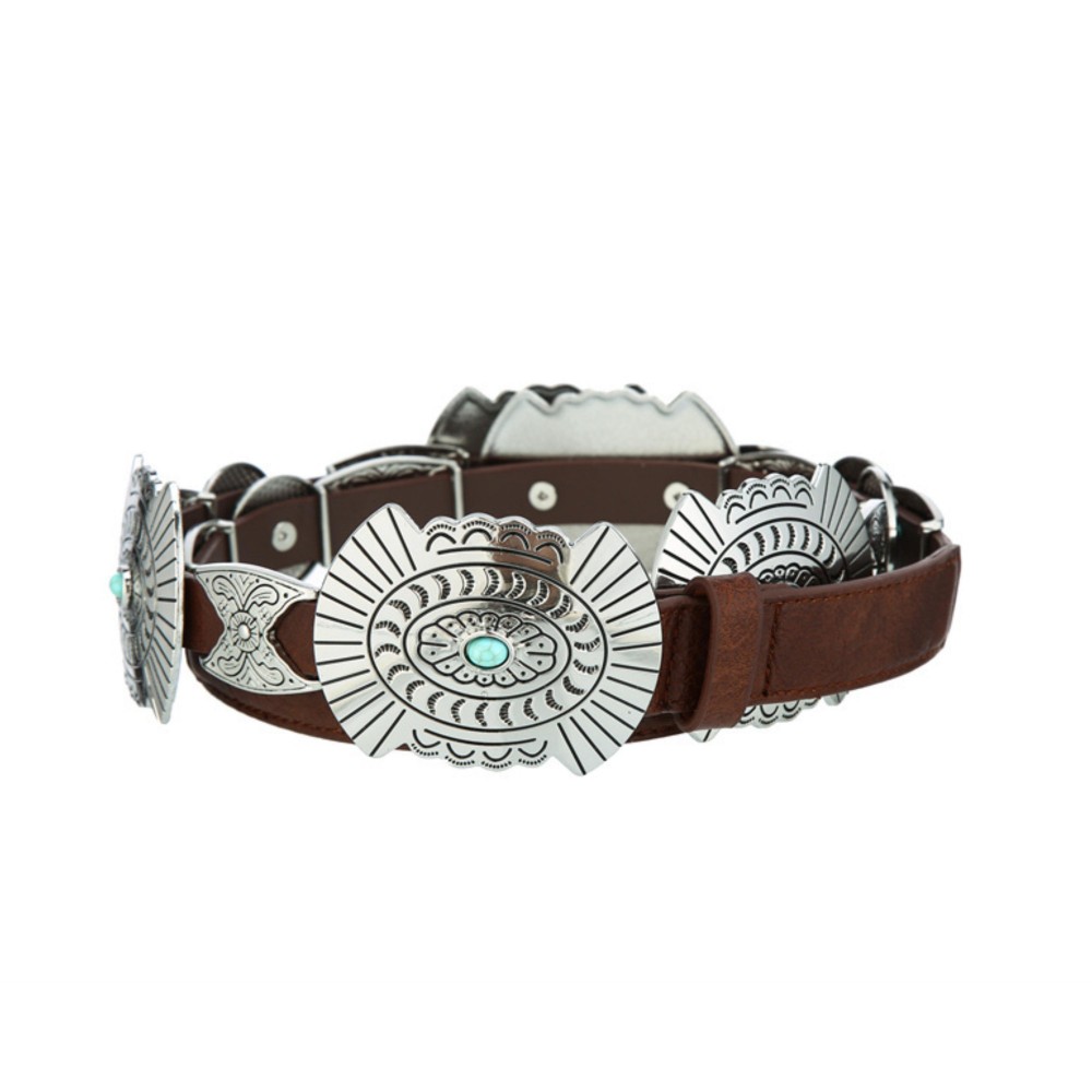 Vegan Leather Belt With Large Metal Tone Conchos With Engraved Designs & Turquoise Accents - Approximately 45" L view 2